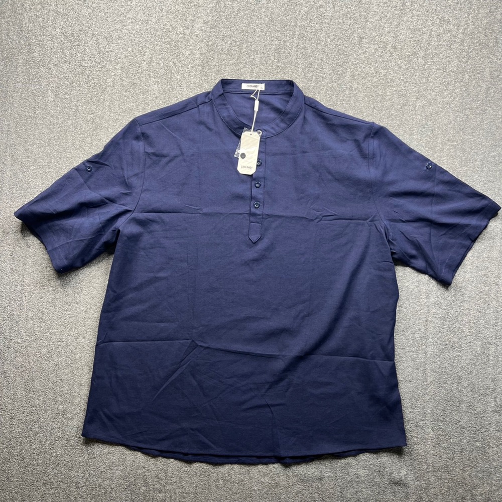 COOFANDY Henley Shirt Mens 2XL Navy Blue Short Sleeve Band Collar Casual 3123